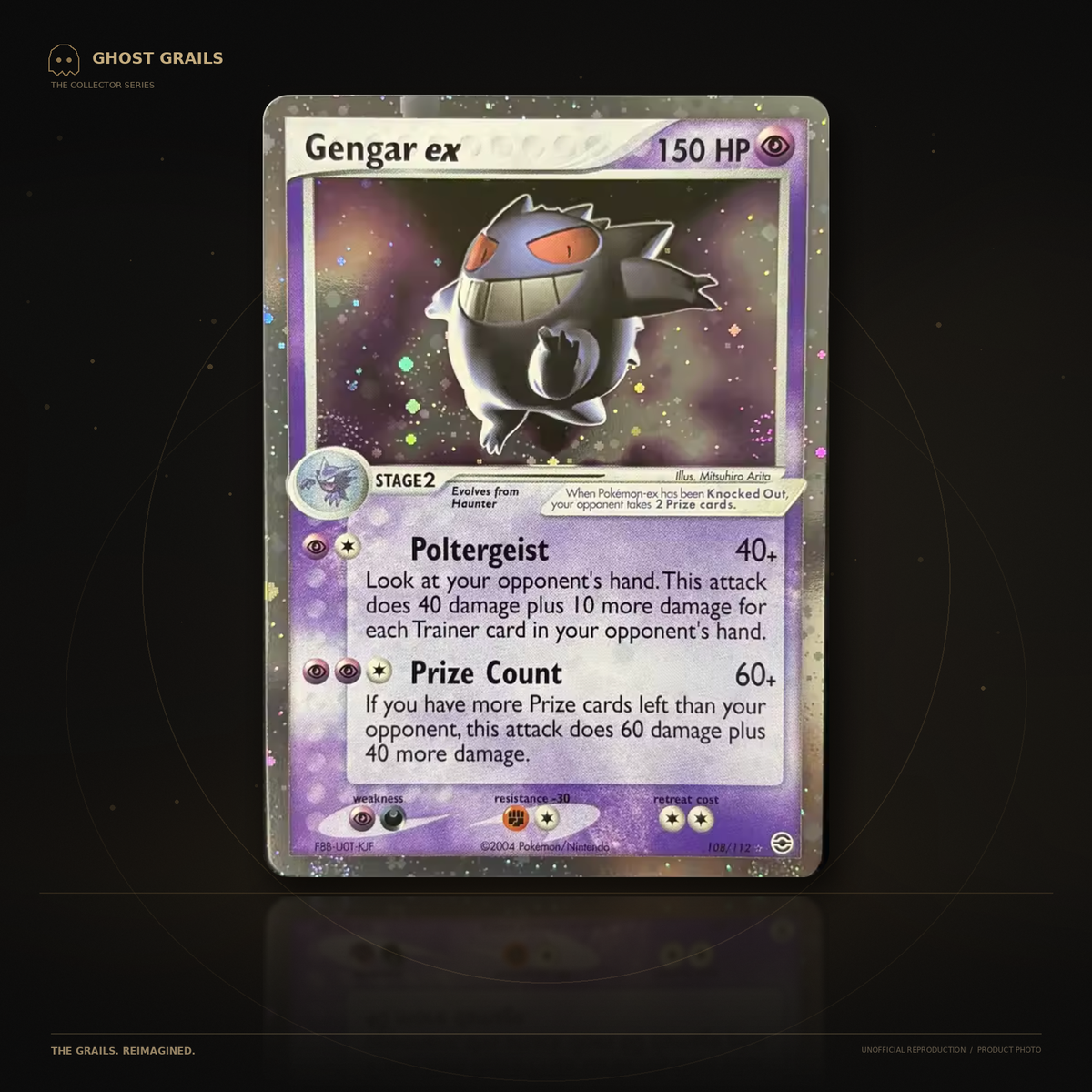 Gengar ex 108/112 EX FireRed and LeafGreen unofficial Pokémon super proxy card on Ghost Grails black and gold display backdrop
